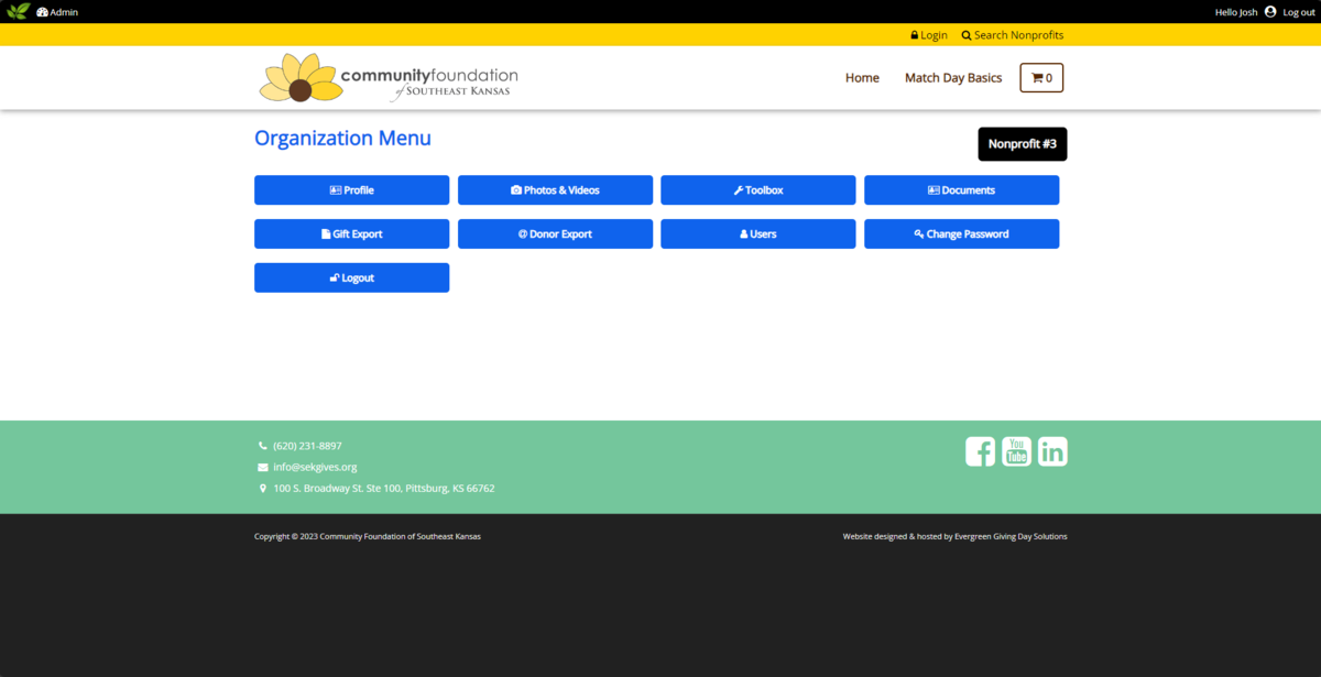 Screenshot of the nonprofit admin page on SEKGives.org